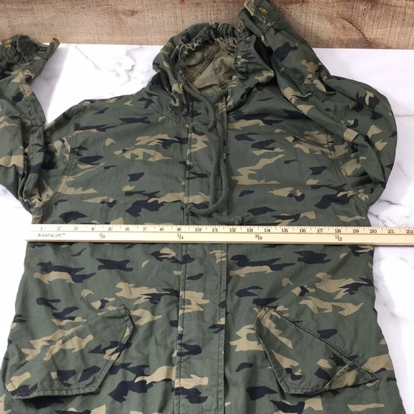 BP Nordstrom Green Camo Cotton Hooded Jacket Womens Small Snap Zip Up Longline - Picture 5 of 11
